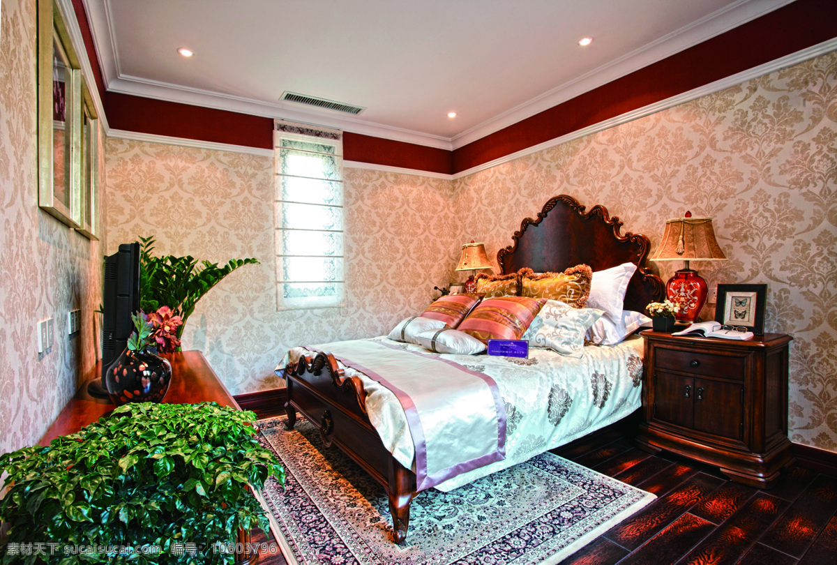 欧式 卧室 花纹 地板砖 装修 效果图 白色射灯 壁画 床铺 床头柜 床头花纹背景 方形吊顶 花纹地毯