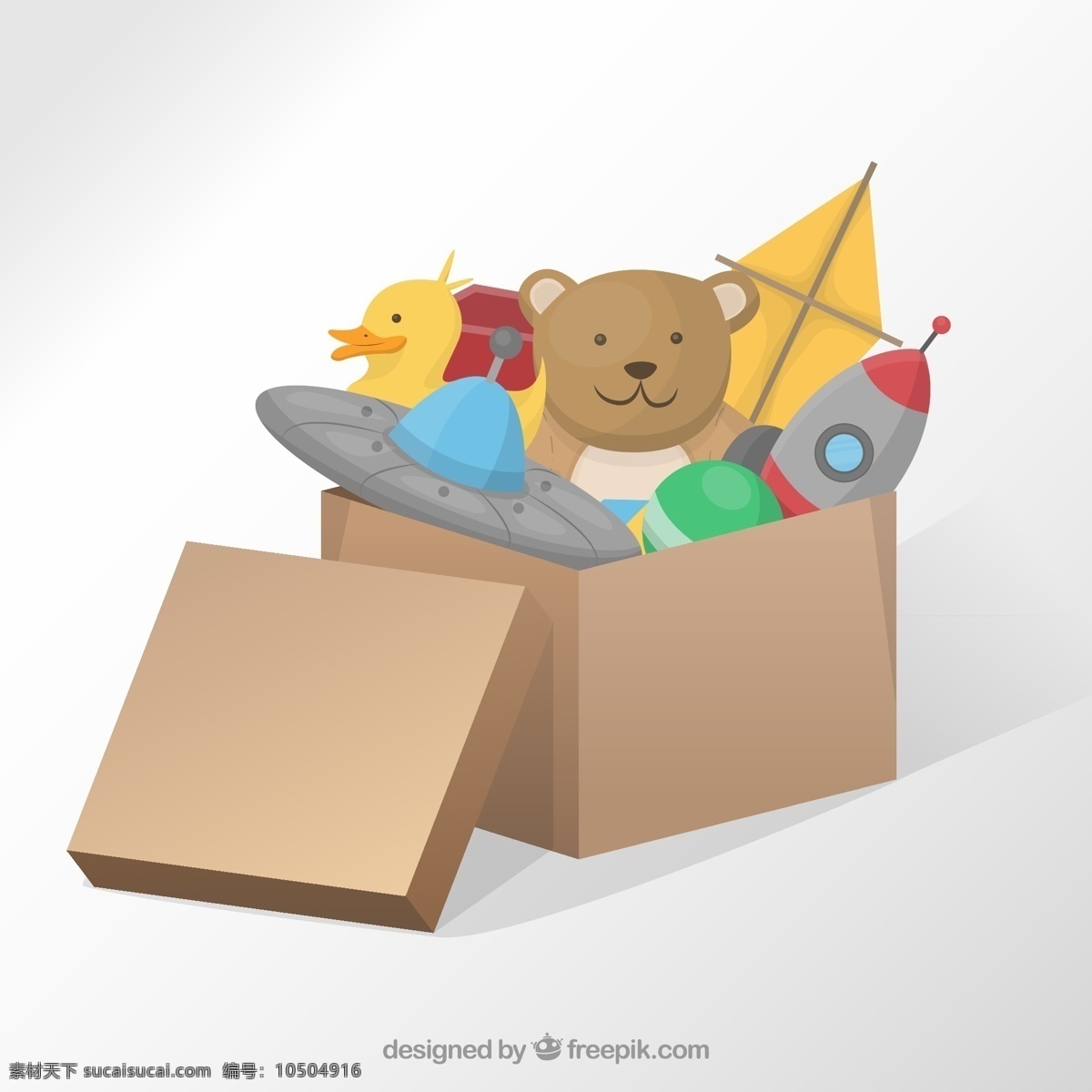 纸箱里的玩具 纸箱 玩具 火箭 盒子 鸭子 玩具鸭 风筝 飞碟 熊 动物 插画 背景 海报 画册 礼物 生活百科 白色