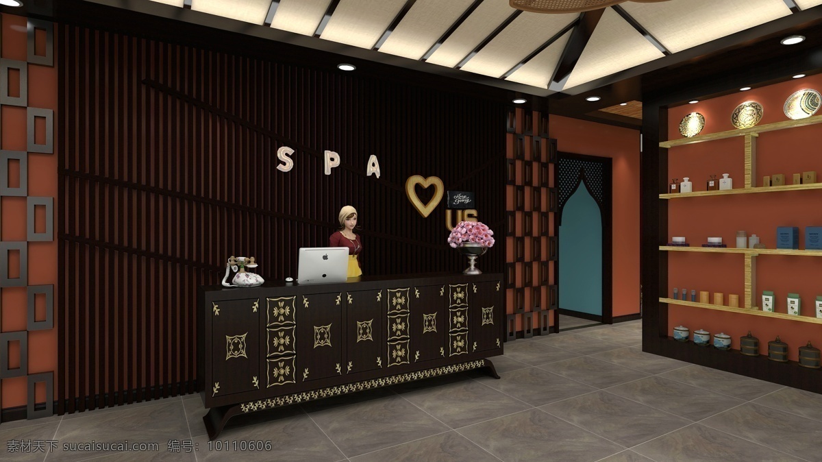 泰式 spa 接待 大厅 效果图 泰国 泰式接待台 接待区 陶瓷工艺品 3d设计 3d作品