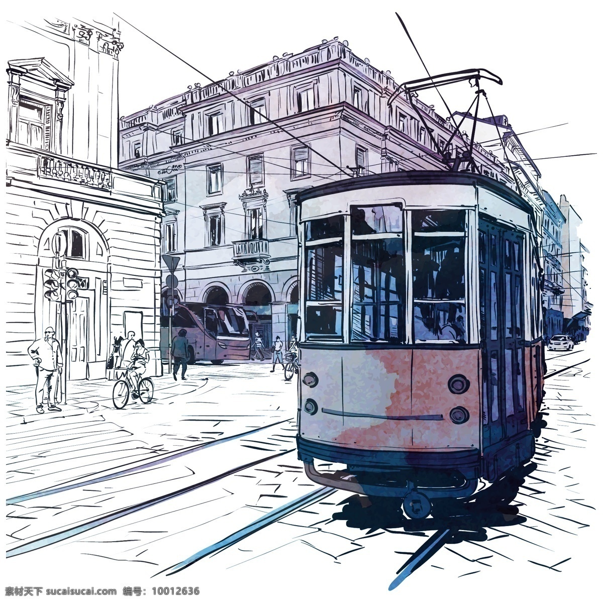 水彩 绘 城市 双层 巴士 插画 水彩绘 建筑 复古 艺术