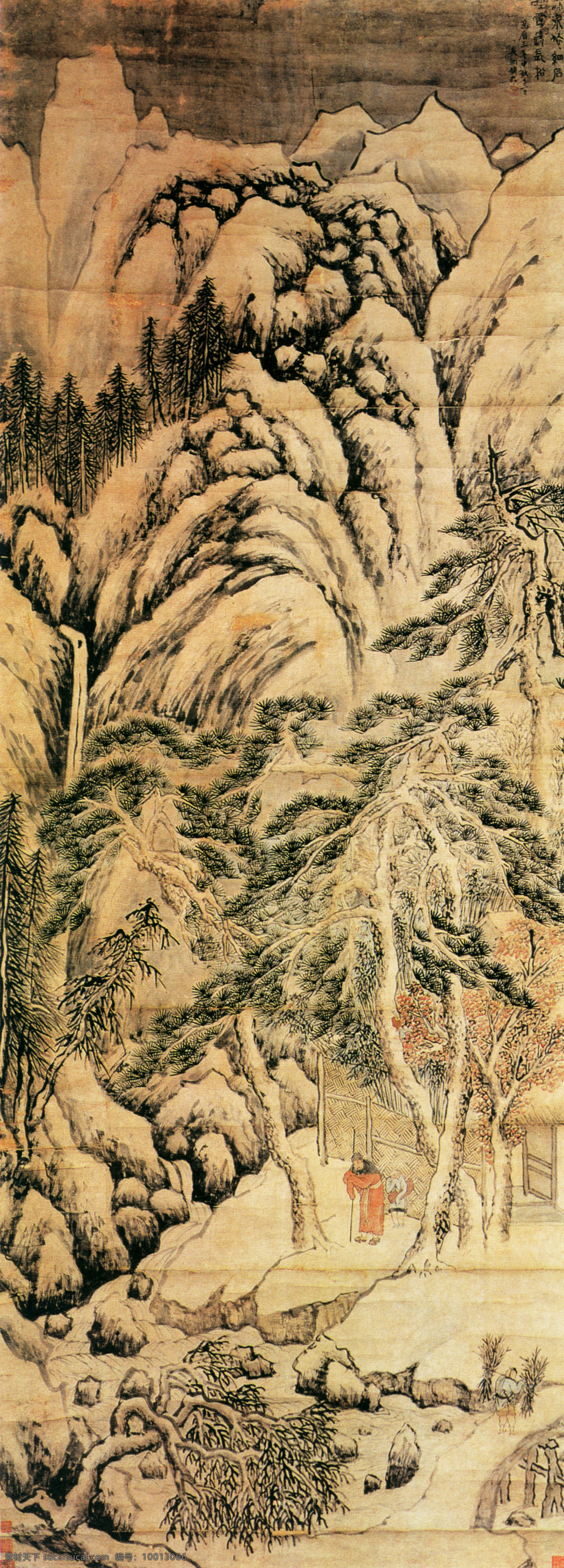晴雪长松图 山水画 中国 古画 中国古画 设计素材 山水名画 古典藏画 书画美术 黄色