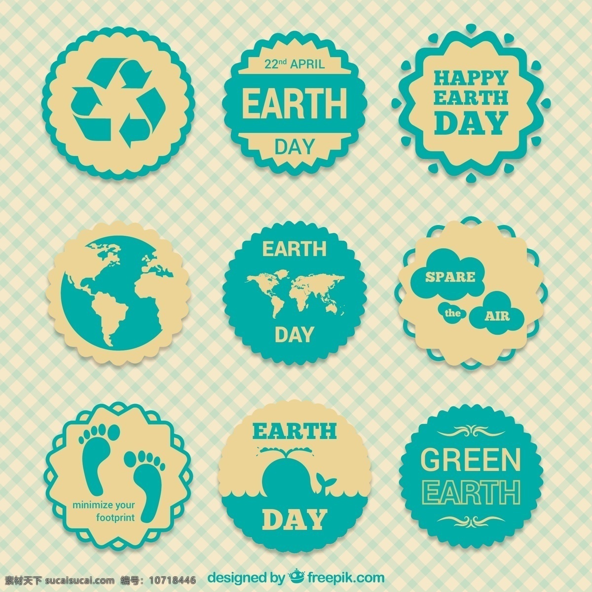 绿色 地球日 标签 矢量图 格子 脚印 鲸鱼 环保 可循环标志 4月22日