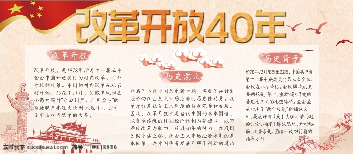 党建 改革开放 四 十 年 展板 长城 红色