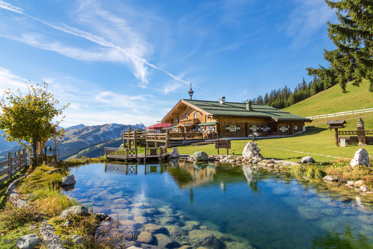 别墅风景 别墅景色 自然风景 水池风景 别墅 水池 照片 自然景观 田园风光