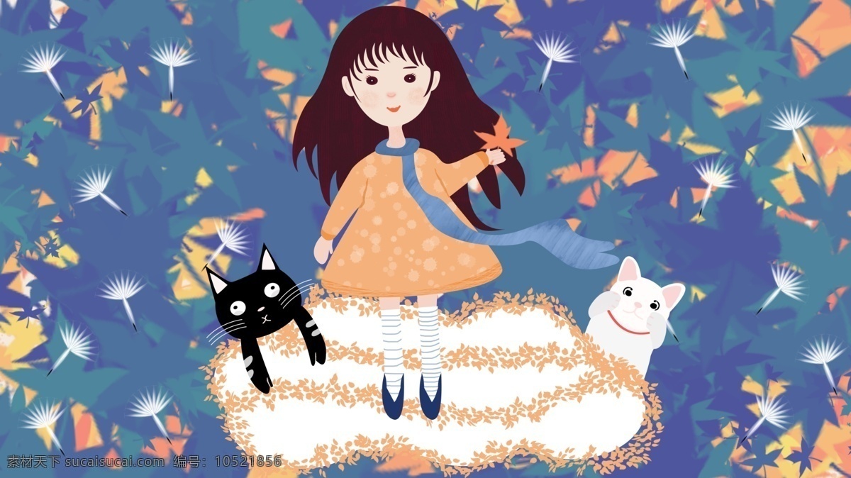 二十四节气 立秋 原创 插画 女孩 树叶 猫咪 云朵 节气 创意插画
