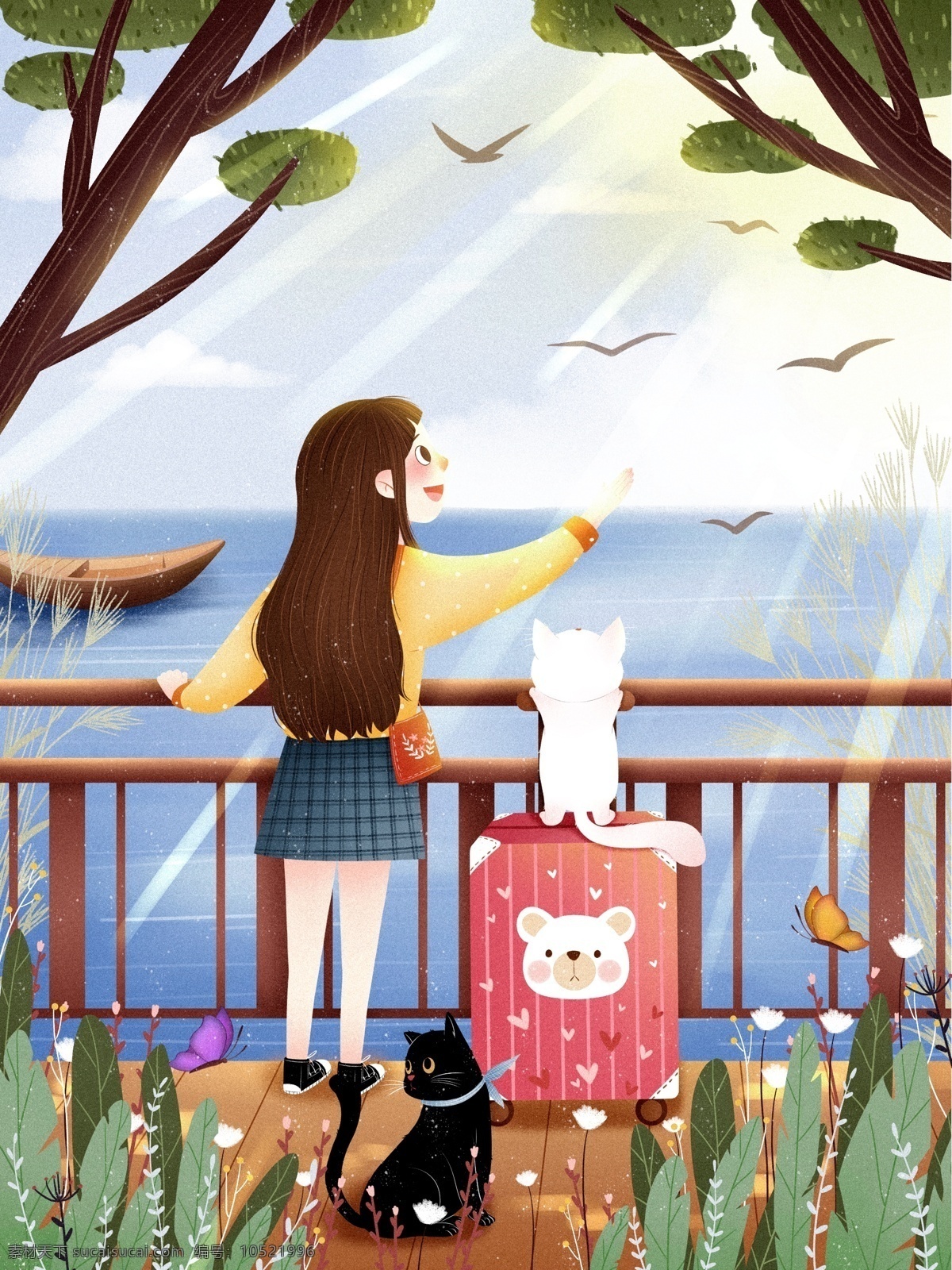 旅游 行李箱 女孩 清新 游记 插画 旅行 肌理 纹理 渐变 可爱 治愈 温暖 温馨 出游 小清新