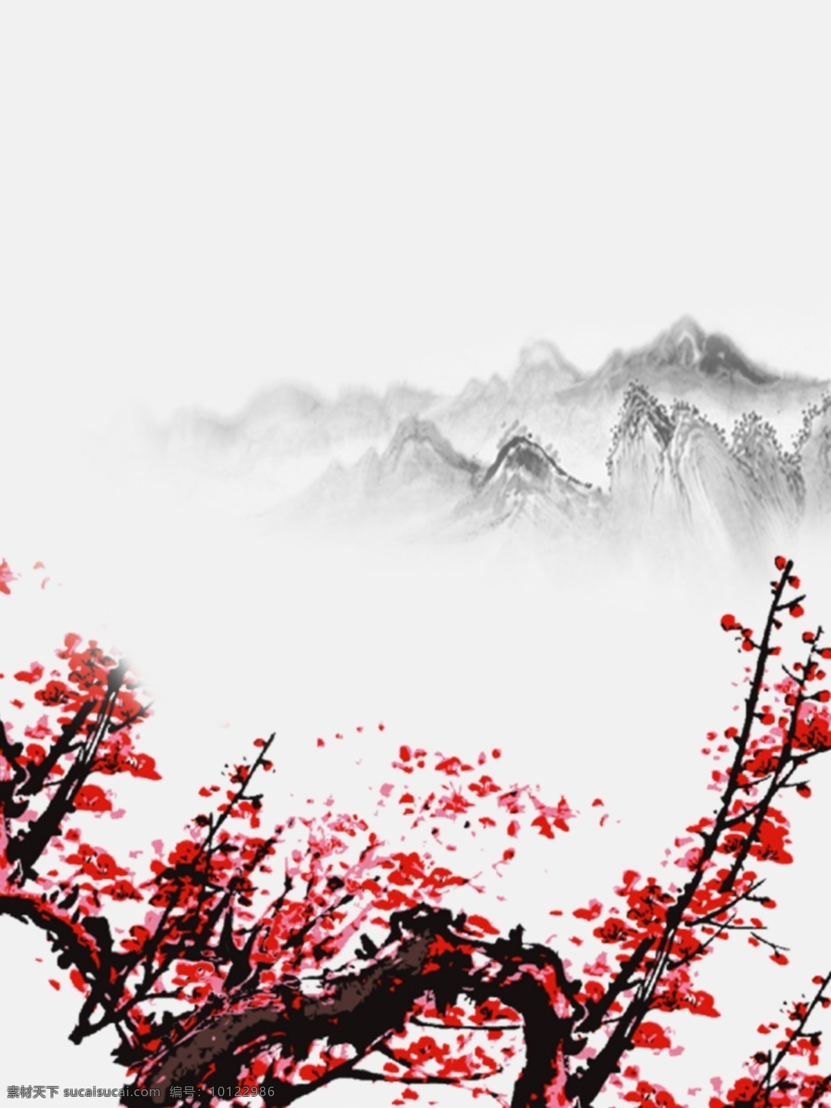 全 原创 水墨 梅花 背景 远山 国画风