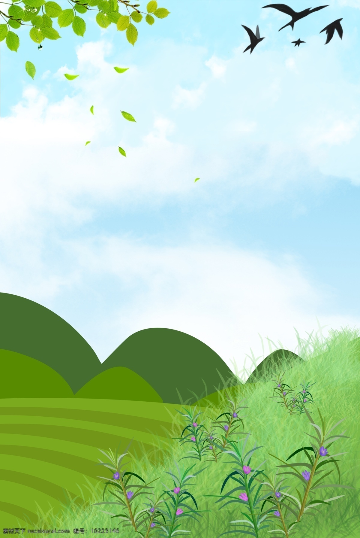 手绘 卡通 绿色 风景 春天 时节 背景 蓝天 矢量 水墨风 惊蛰 简约 大气 春分 节气