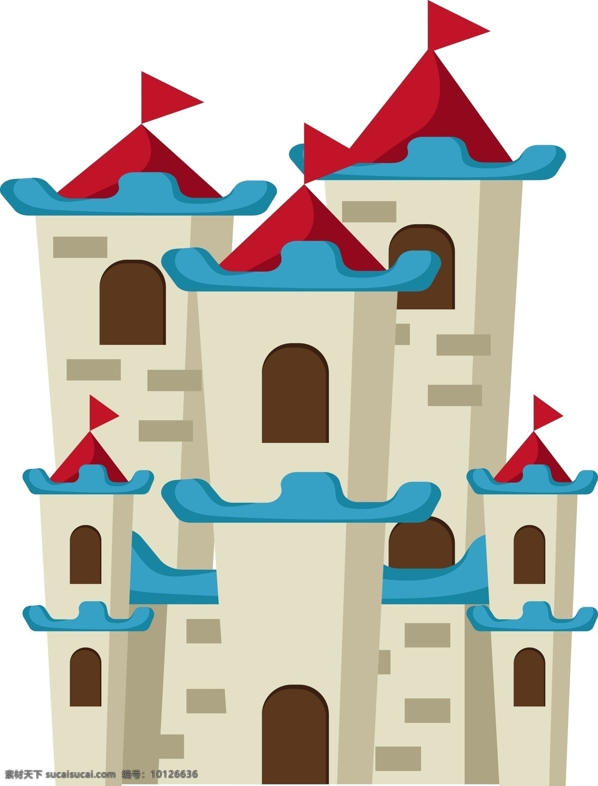 红色 旗帜 装饰 城堡 红色旗帜城堡 房屋建筑 米色城堡 卡通城堡 可爱的城堡 圆弧形门 城堡插画