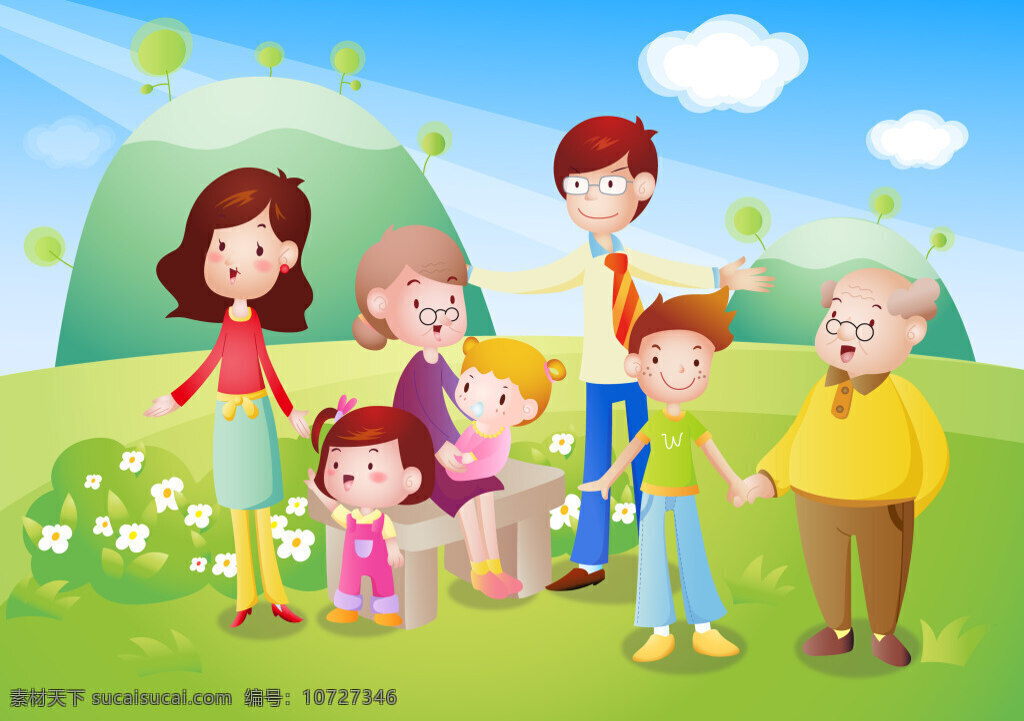 卡通人物郊游 家庭 成员 户外 效 游 花草 树木 蓝天 白云 山峰