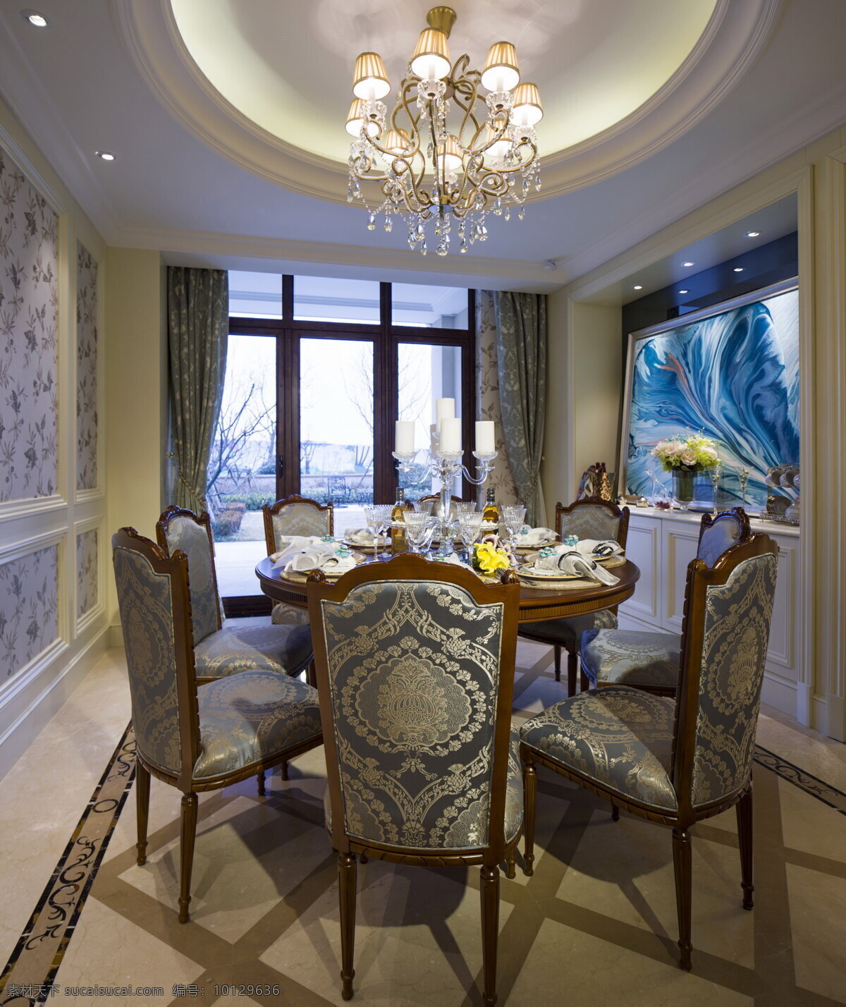法式 华丽 餐厅 背景 墙 设计图 家居 家居生活 室内设计 装修 室内 家具 装修设计 环境设计 背景墙 蓝色 餐桌