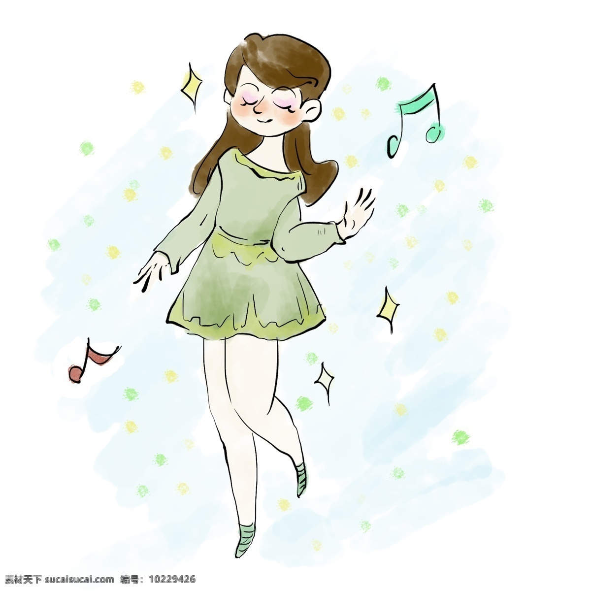 快乐 小女孩 音乐 长头发 绿裙子 音符 卡通人物 简笔画
