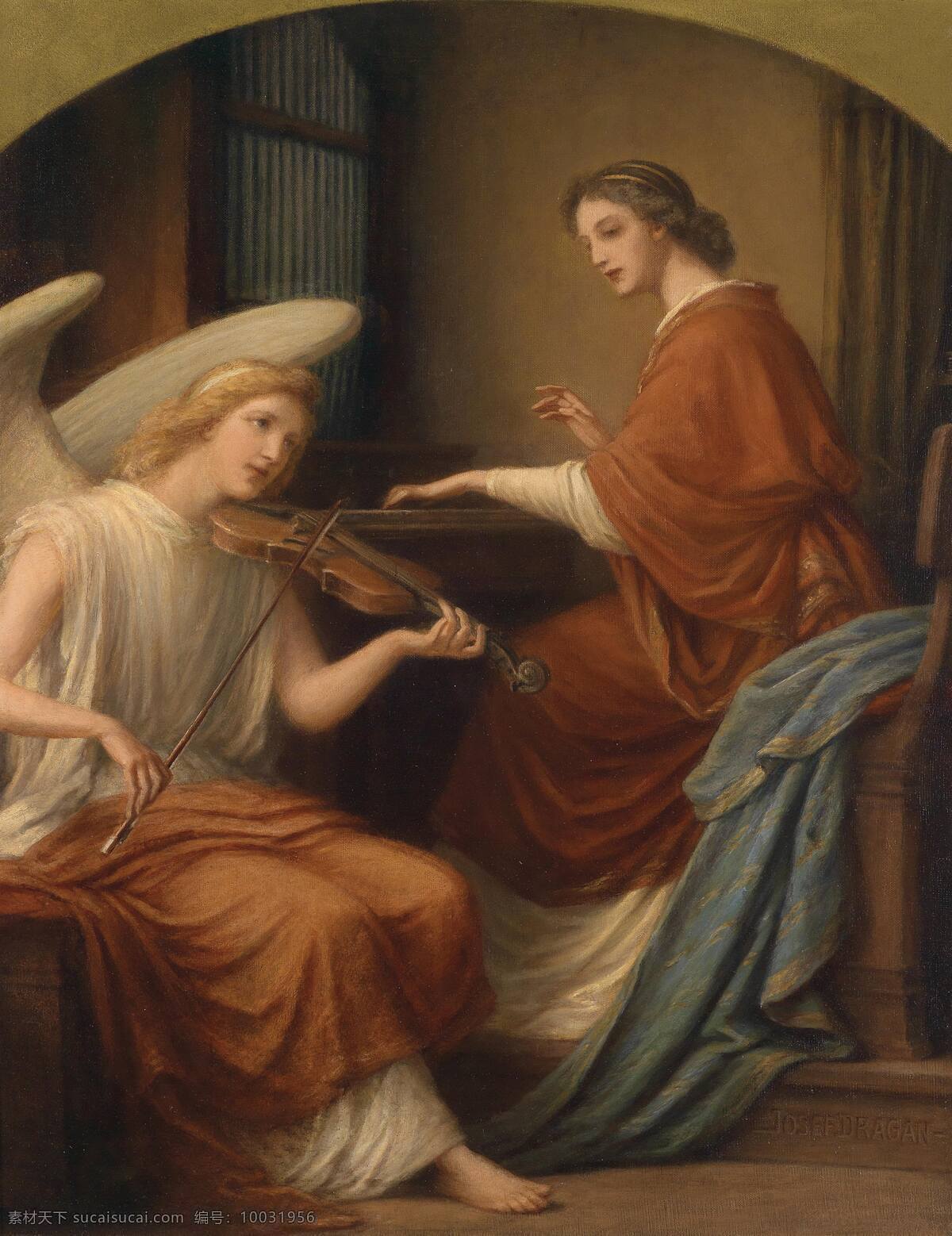 天使降临 天使 弹琴 小提琴 惊喜 合奏 19世纪油画 绘画书法 文化艺术