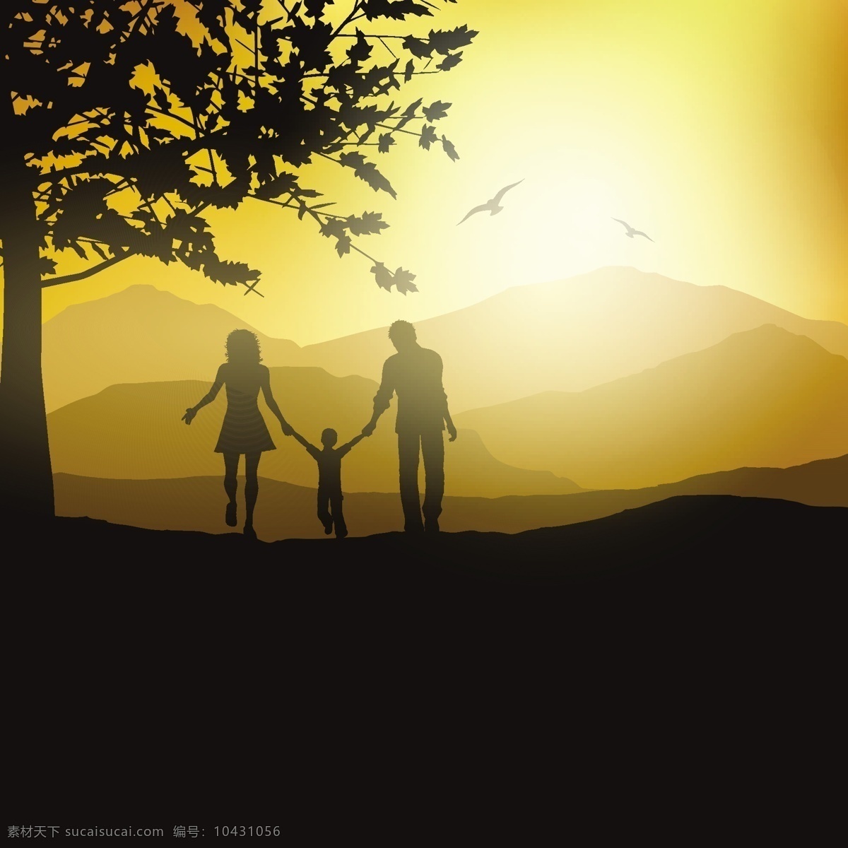 一个 家庭 走 农村 剪影 背景 树木 天空 景观 母亲 孩子 夫妻 父亲 日落 爸爸 散步 女性 关系 妈妈 儿子