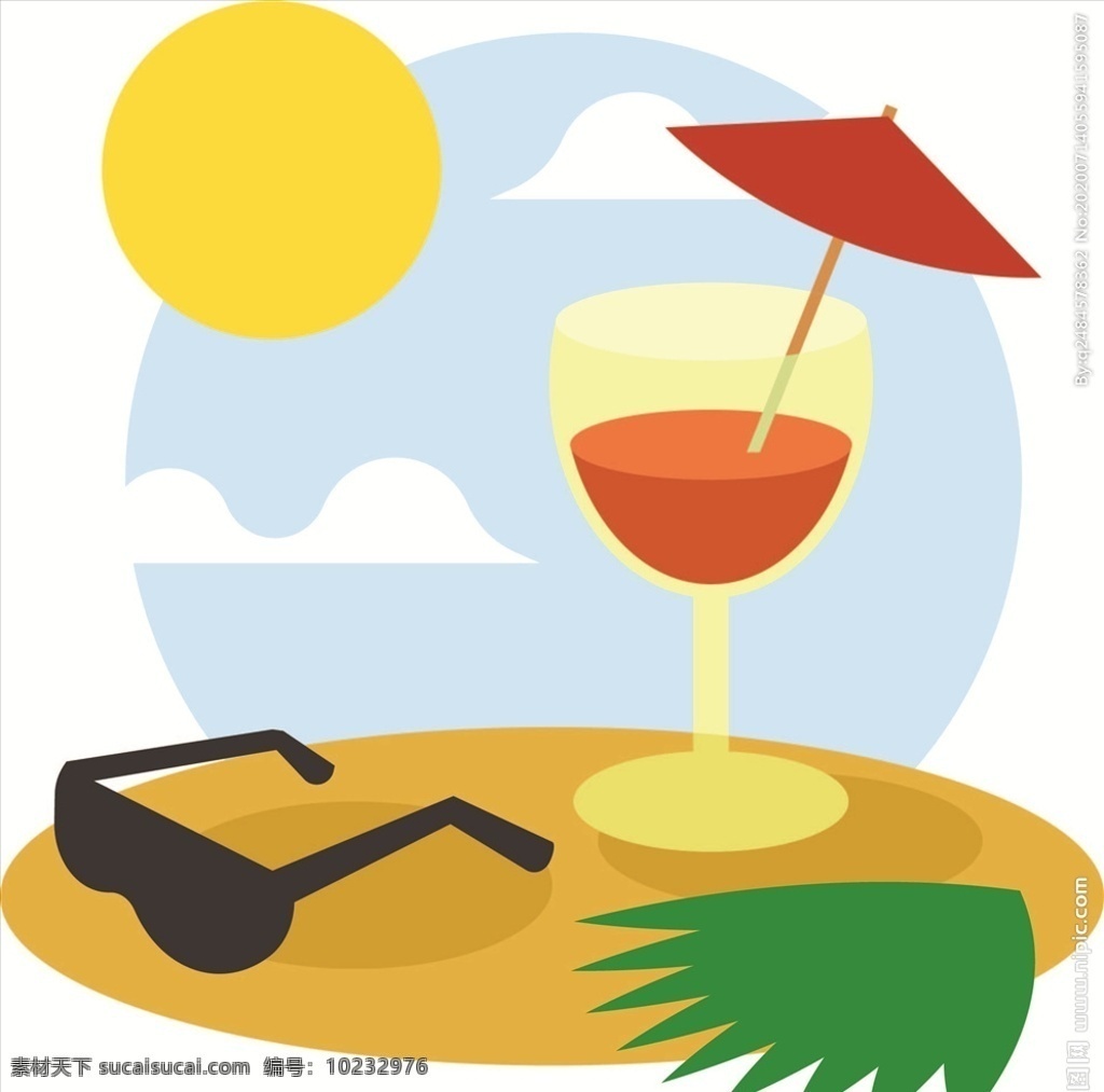 夏日 墨镜 西瓜汁 插画 夏天 夏季 棕榈树 卡通 矢量 太阳 天空 自然景观 人文景观