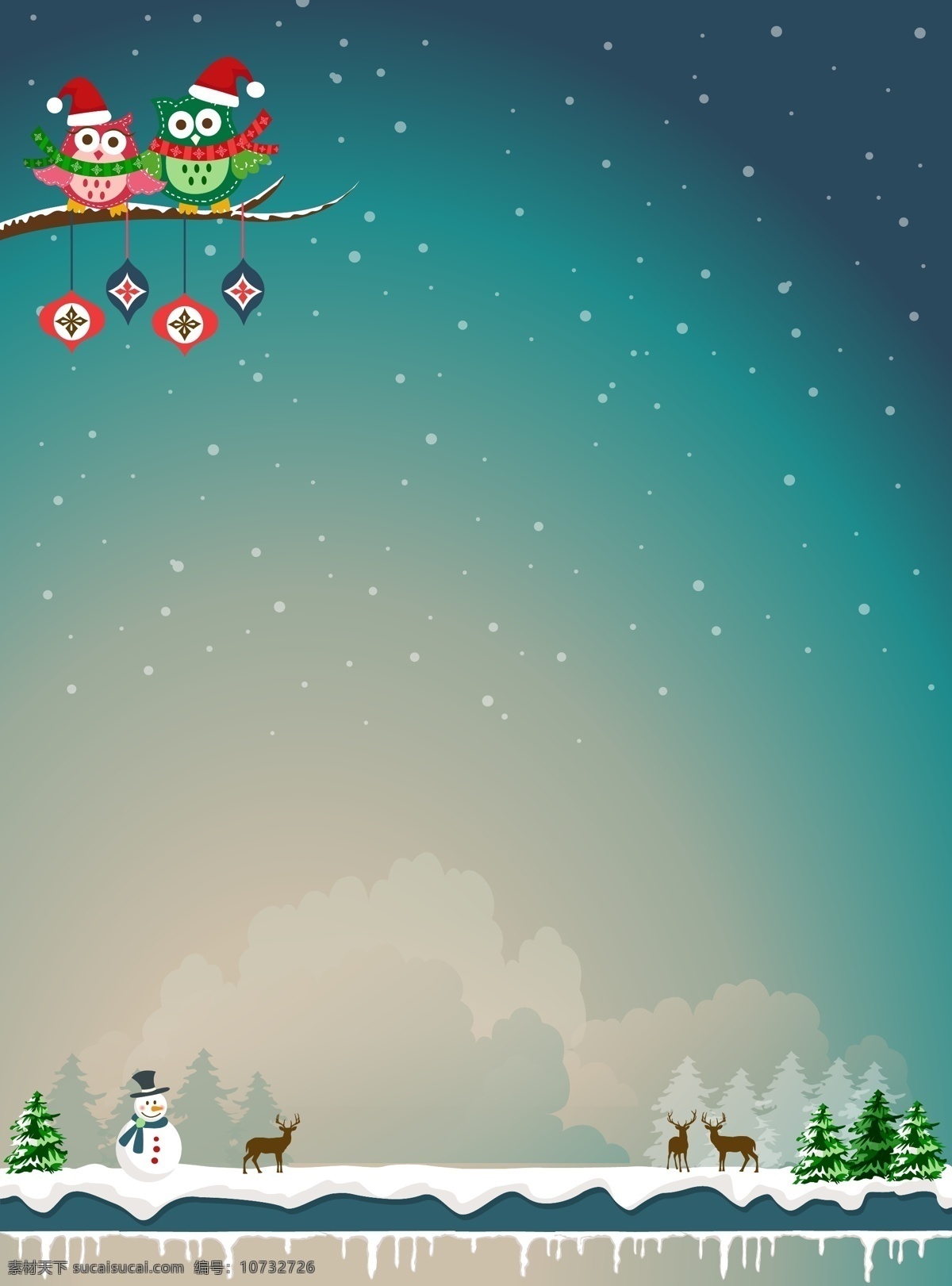 矢量 卡通 手绘 圣诞节 雪景 背景 蓝色 夜晚 雪人 驯鹿 猫头鹰 海报