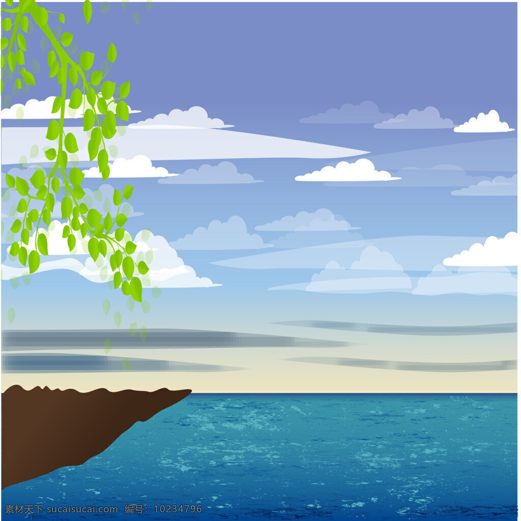 海洋 卡通 精美 矢量 柳树 白云 海浪 一望无际 矢量图片