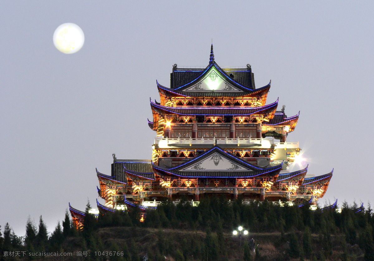 月是故乡明 云南省 曲靖市 富源县 鼓楼 中秋夜景 自然景观 建筑景观 摄影图库