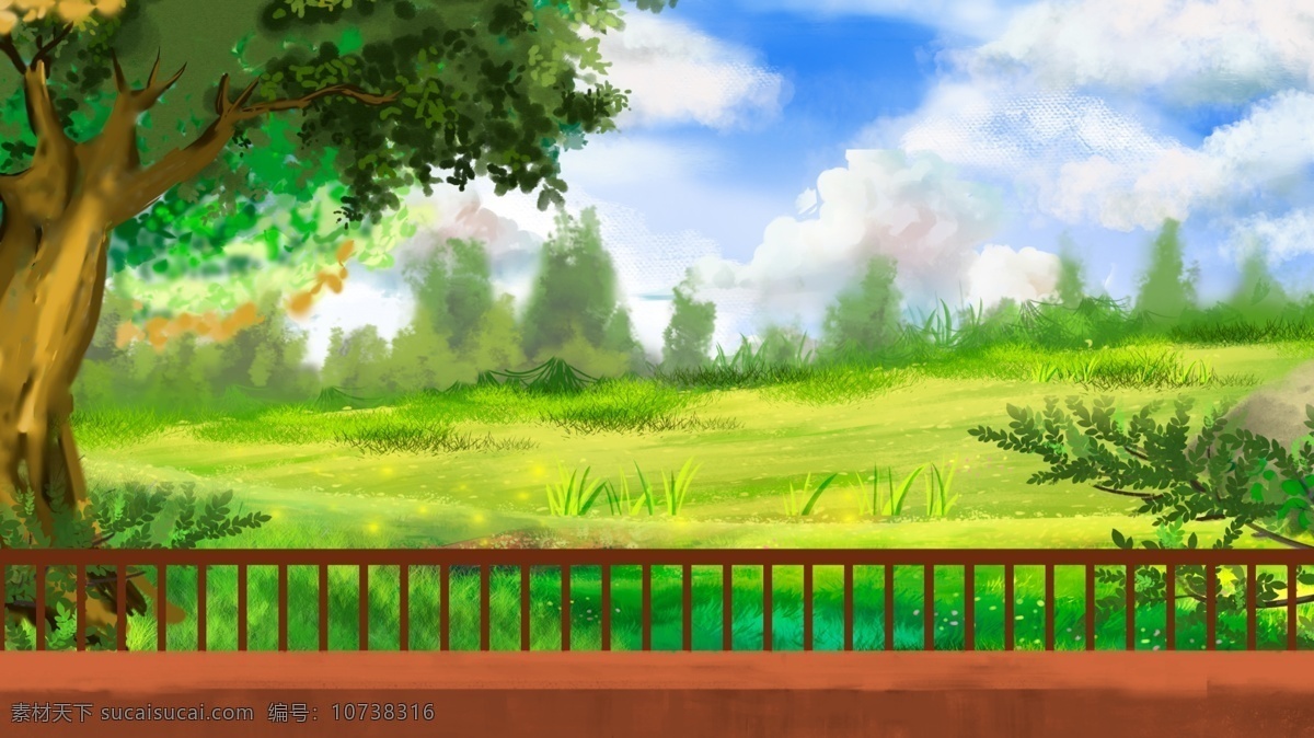 春季 唯美 手绘 树林 背景 绿色背景 治愈系背景 插画背景 植物背景 草地背景 绿地背景 蓝天白云