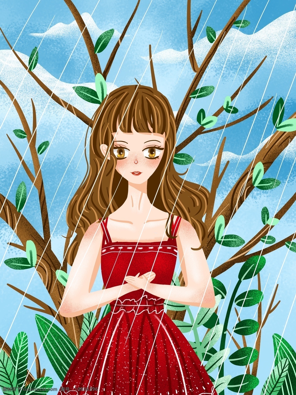原创 谷雨 雨 中 红 裙子 女孩 雨中 谢雨 树枝 植物 红裙子 小清新