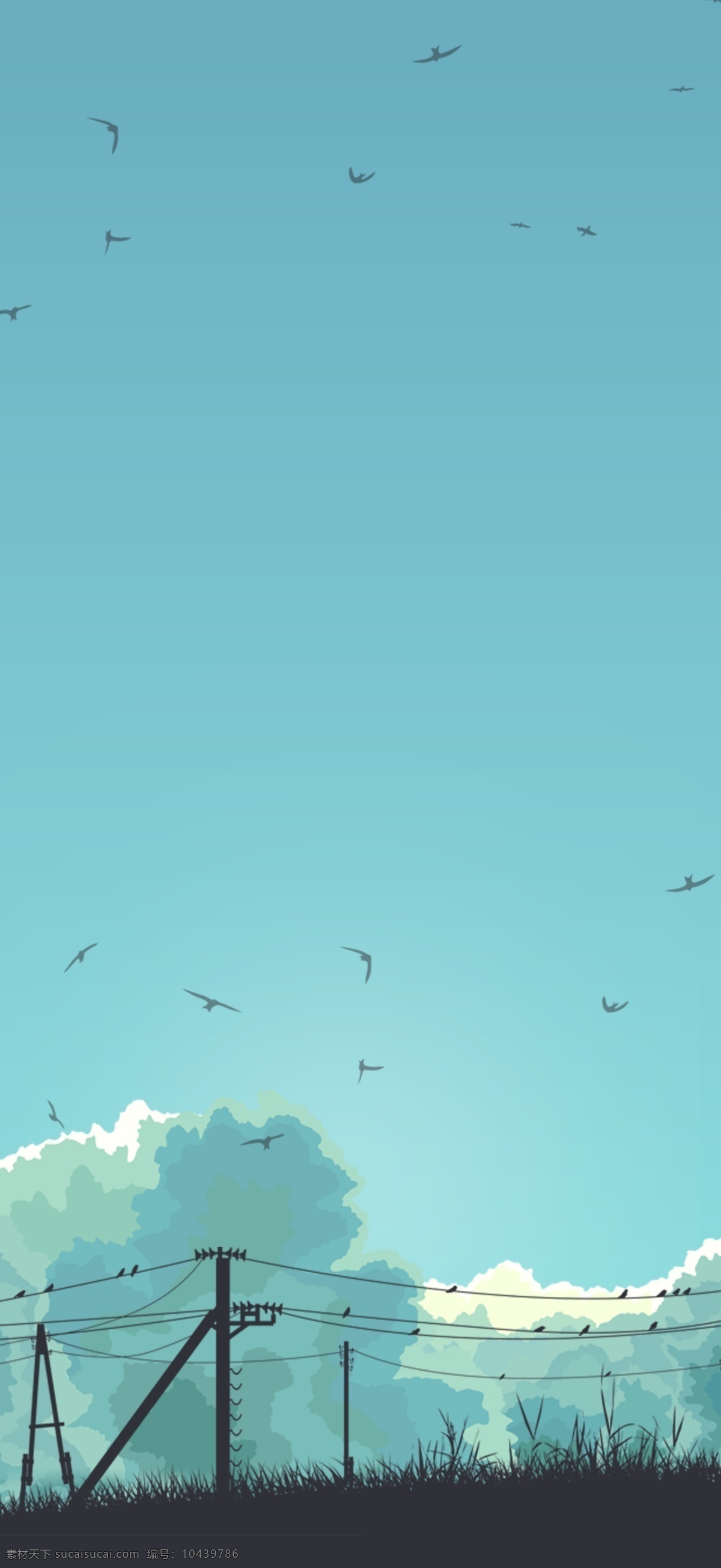 蓝色 山水风景 插画 背景 温馨背景 唯美背景 山峰背景 绿草地背景 创意背景 插画背景