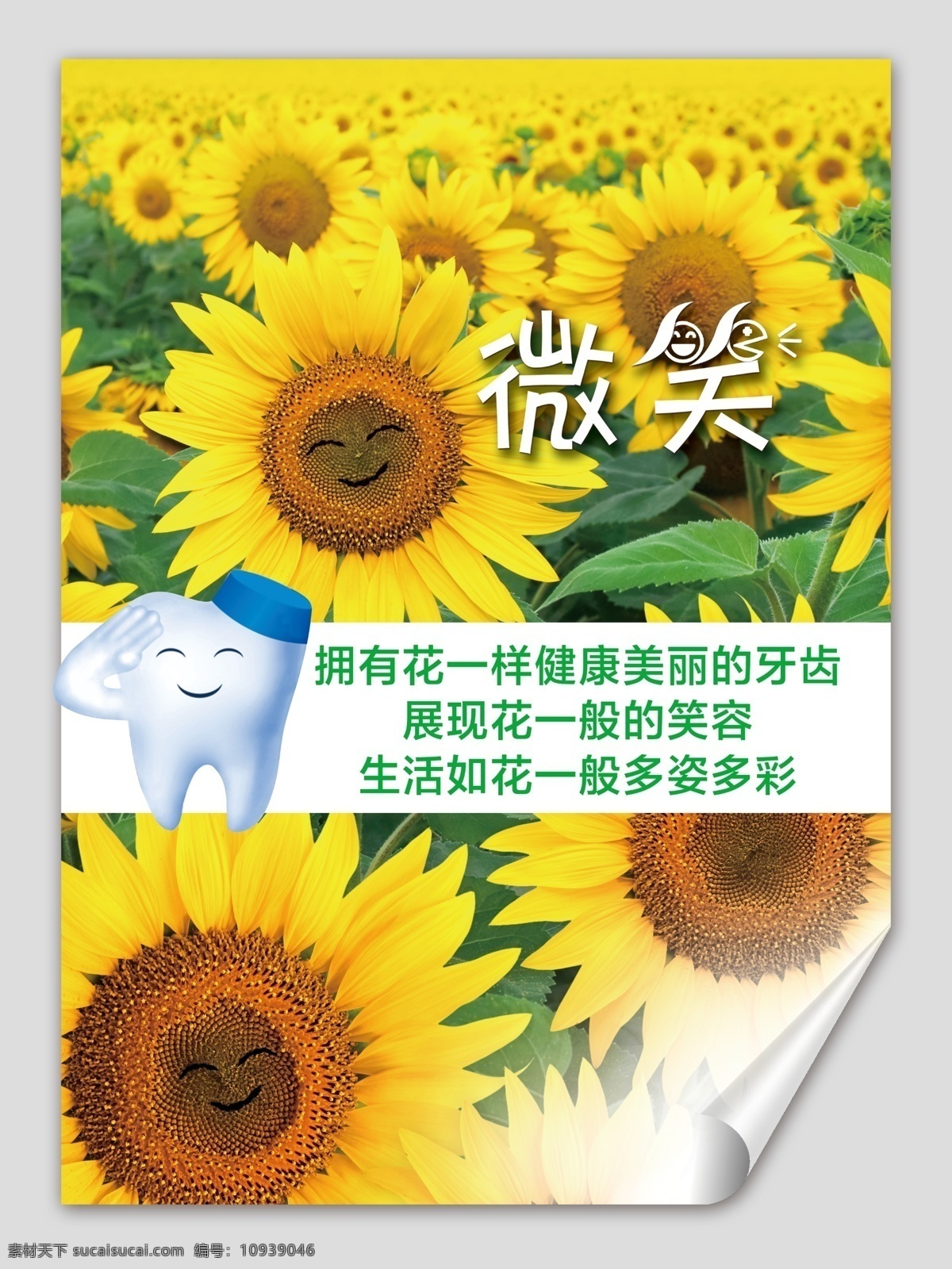 牙科海报 微笑 牙齿 敬礼 向日葵 卷边 阳光 笑脸 黄色