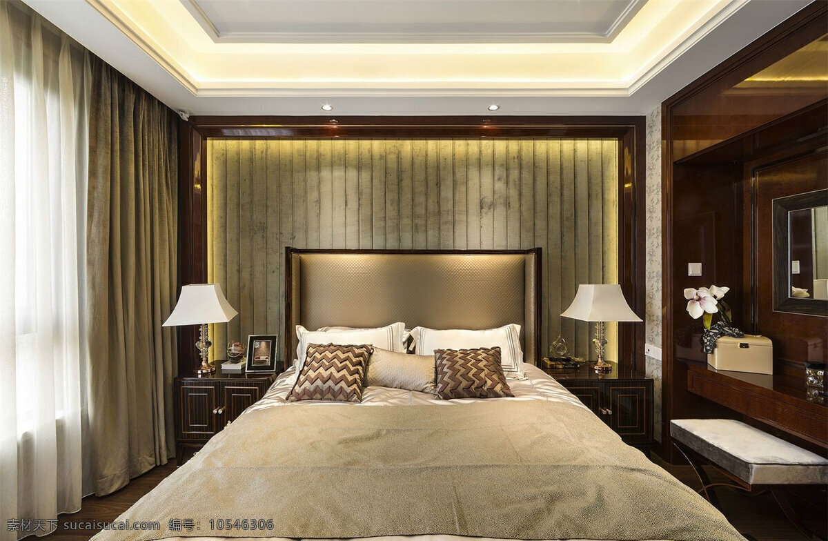 现代 时尚 卧室 金 铜 色 床头 室内装修 效果图 木制柜子 卧室装修 白色台灯 白色床品