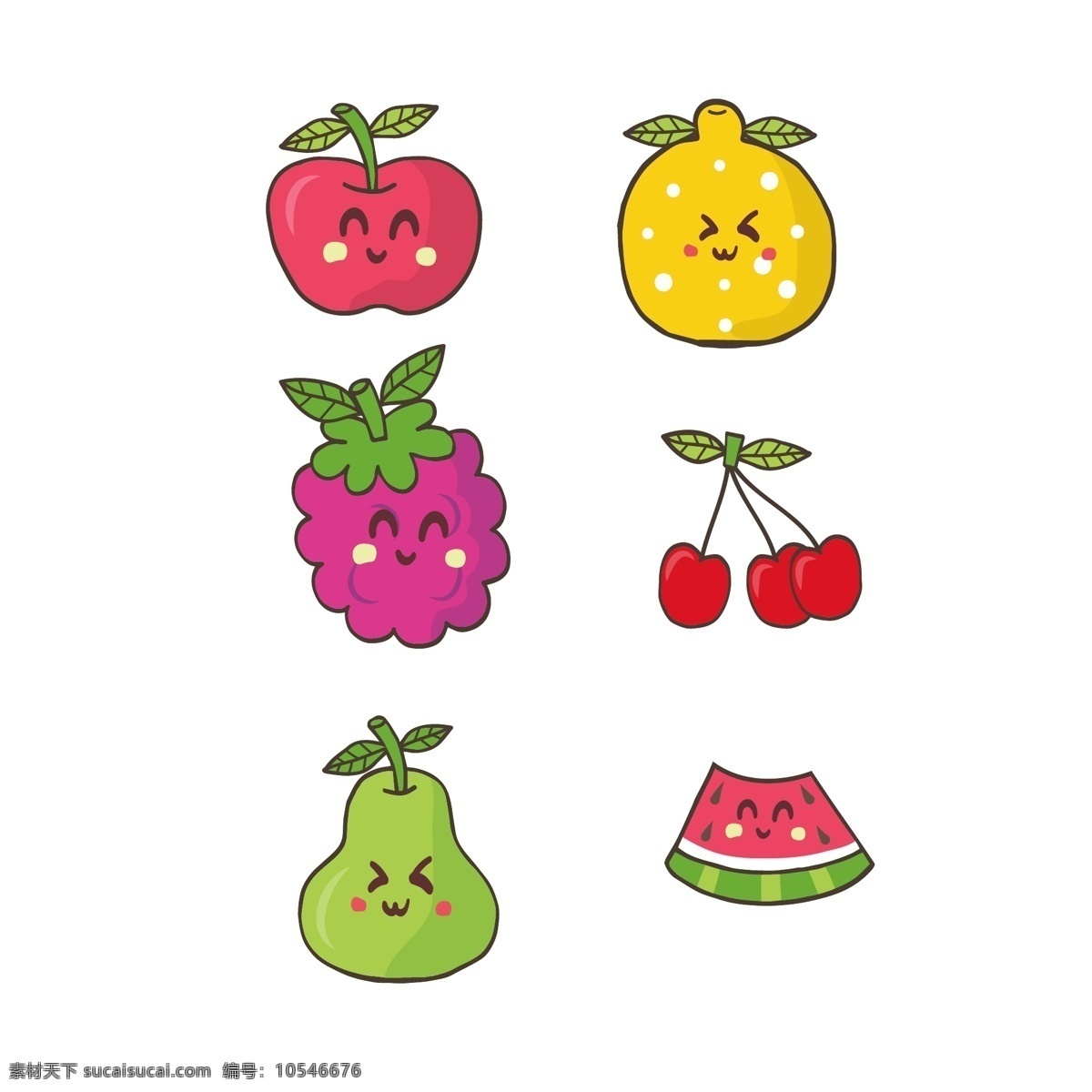 卡通 风格 手绘 彩色 夏季 水果 元素 西瓜 樱桃 苹果 鸭梨