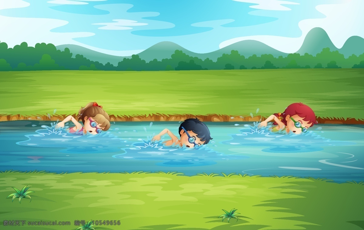 卡通风景 游泳 比赛 孩子 小孩 小孩游泳 自然风景 手绘风景 草地 蓝天 白云 男孩 女孩 设计素材 背景图片 自然景观 自然风光