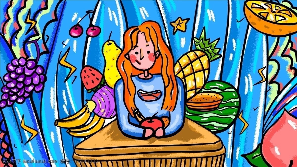 可爱 女孩 水果 奇幻 草莓 葡萄 插画 微笑 萌妹 西瓜 香蕉 桃子 橙子 菠萝 樱桃 梨子 手机壁纸 电脑壁纸 潮漫 美丽