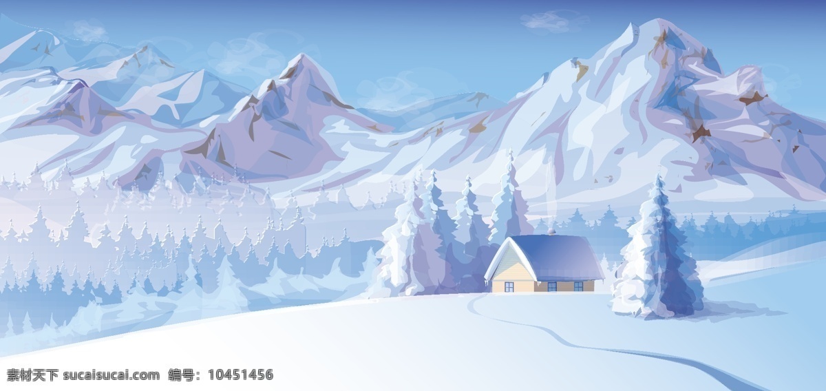 唯美 雪景 矢量 矢量素材 唯美雪景 雪山风光 木屋 松树 冬季 景观 青色 天蓝色