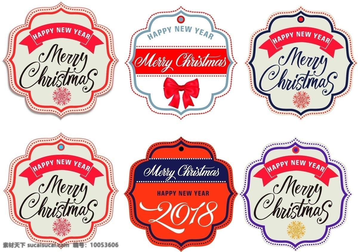 创意 手写 英文 圣诞 标签 蝴蝶结 圣诞节 矢量素材 彩色 雪花