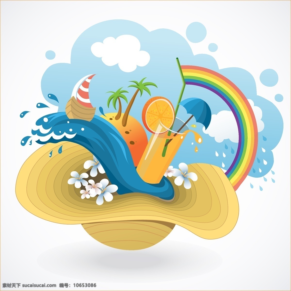 夏日 海滩 主题 卡通 假日 蓝天 海水 海洋 海 海浪 帽子 冷饮 彩虹 矢量素材 草帽 白云