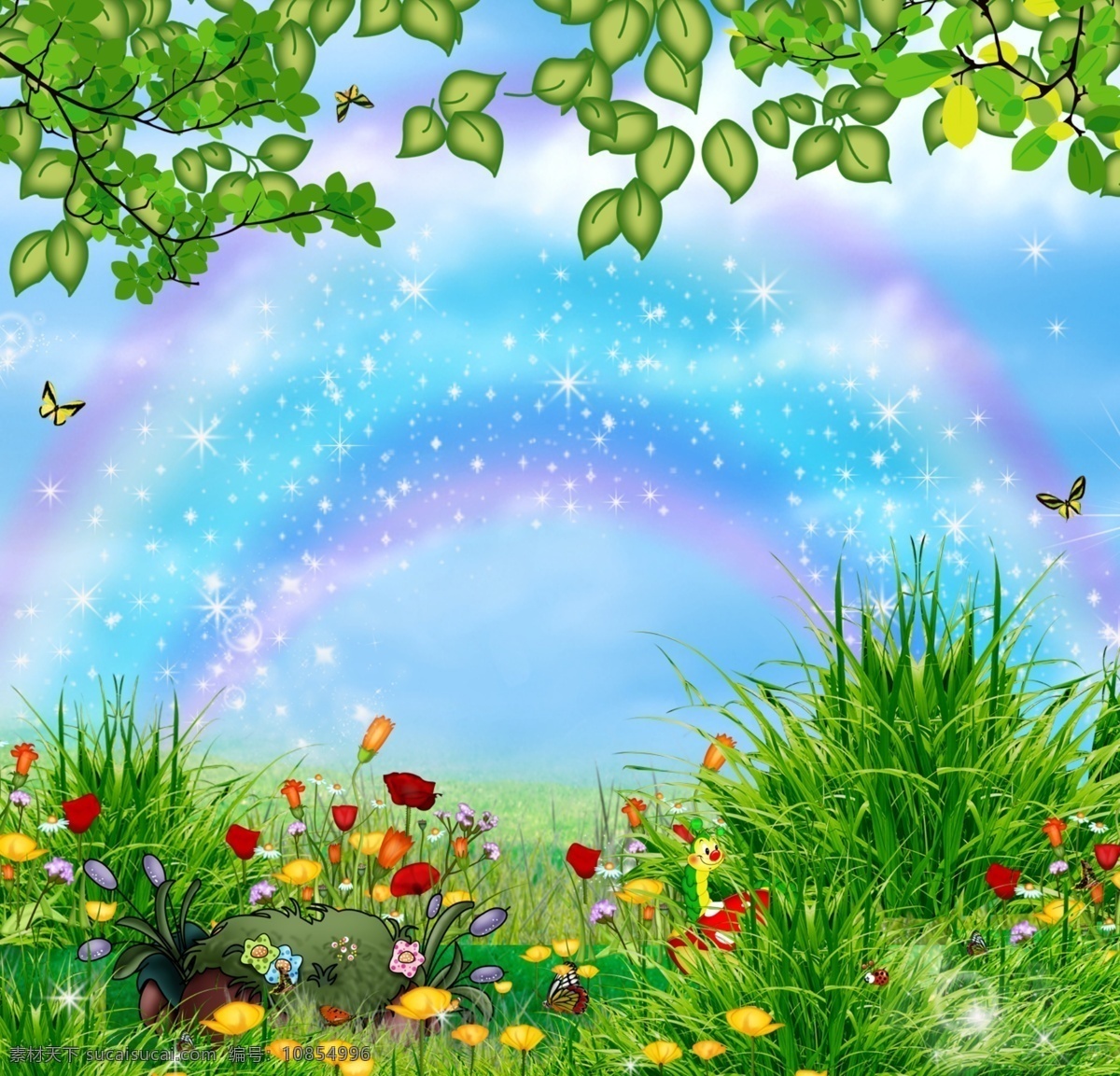 美丽的景色 花 草 树木 漫天星星 彩虹 分层 风景