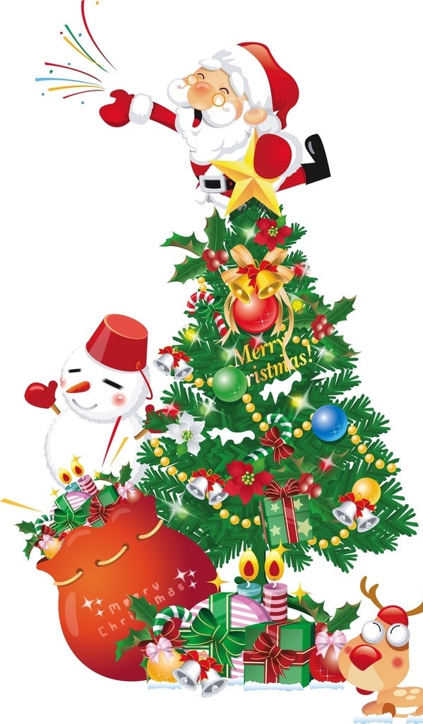 圣诞素材 圣诞老人 圣诞树 雪人 彩灯 礼物 驯鹿 彩带 节日庆祝 文化艺术