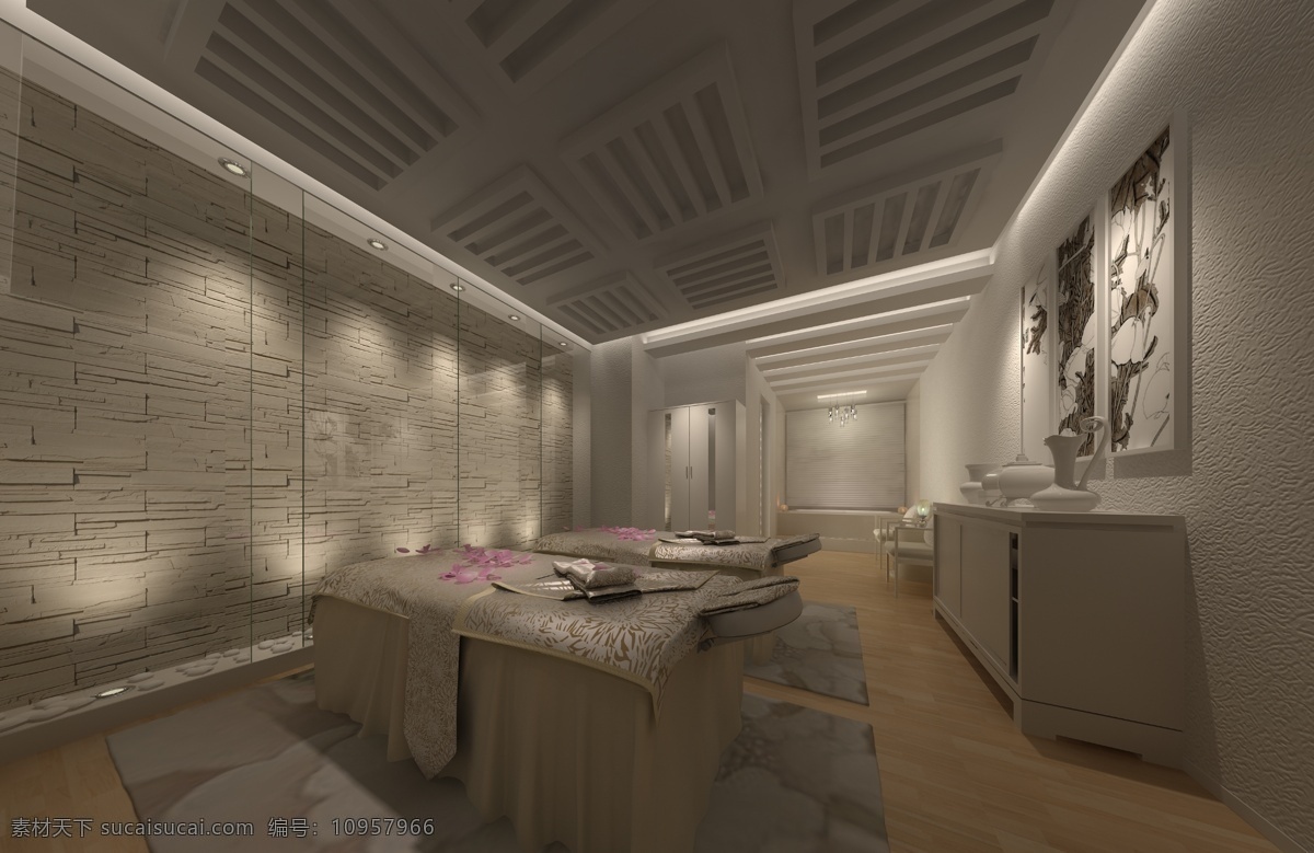 spa 美容 空间设计 壁画 床 吊灯 柜子 花瓣 环境设计 室内设计 家居装饰素材