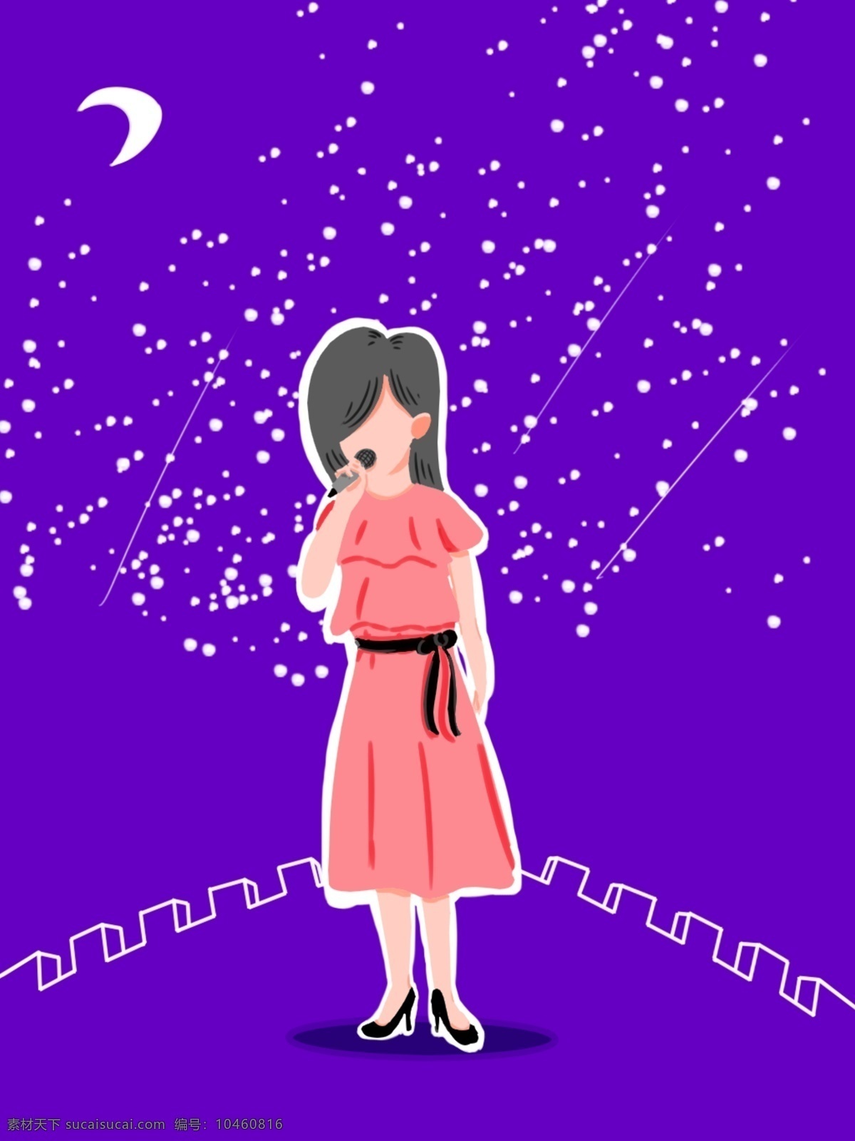 原创 手绘 唱歌 女孩 紫色 背景