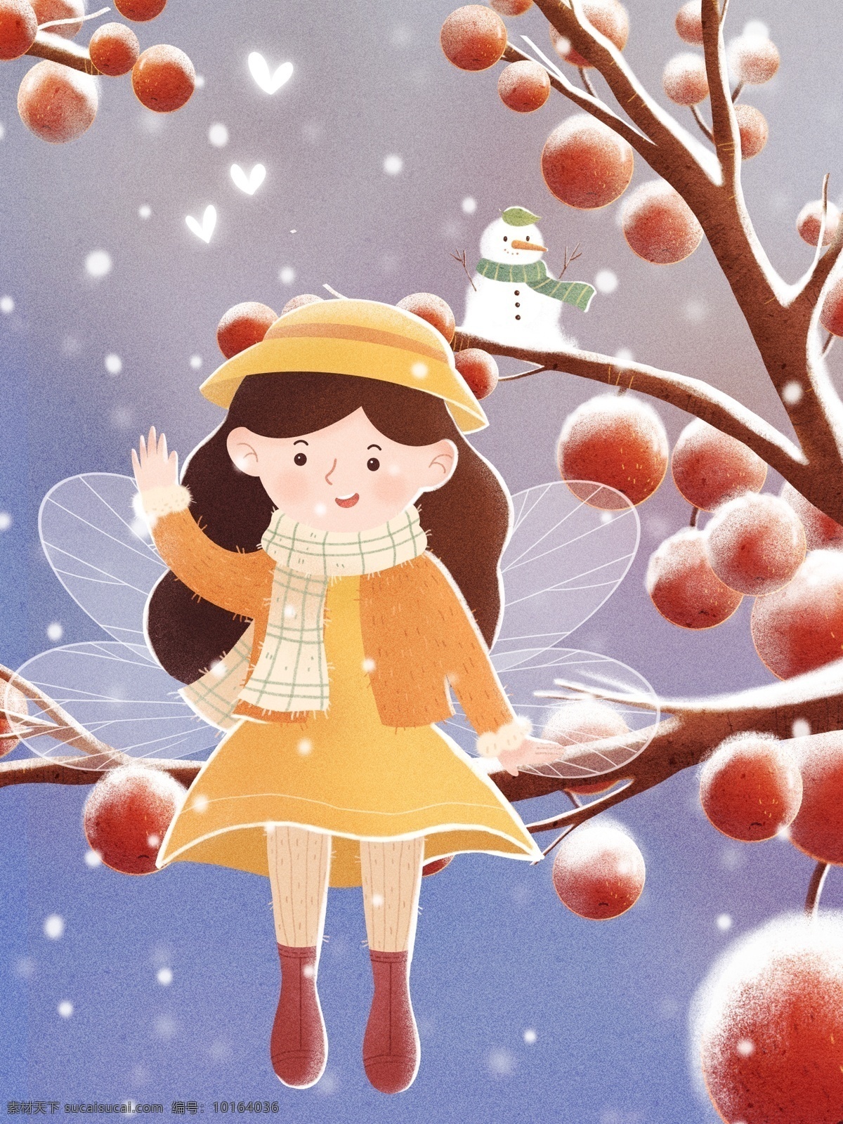 冬日 雪景 一月 你好 女孩 雪人 插画 冬天 壁纸 桌面 红雪果 下雪 商业插画 手机用图 背景