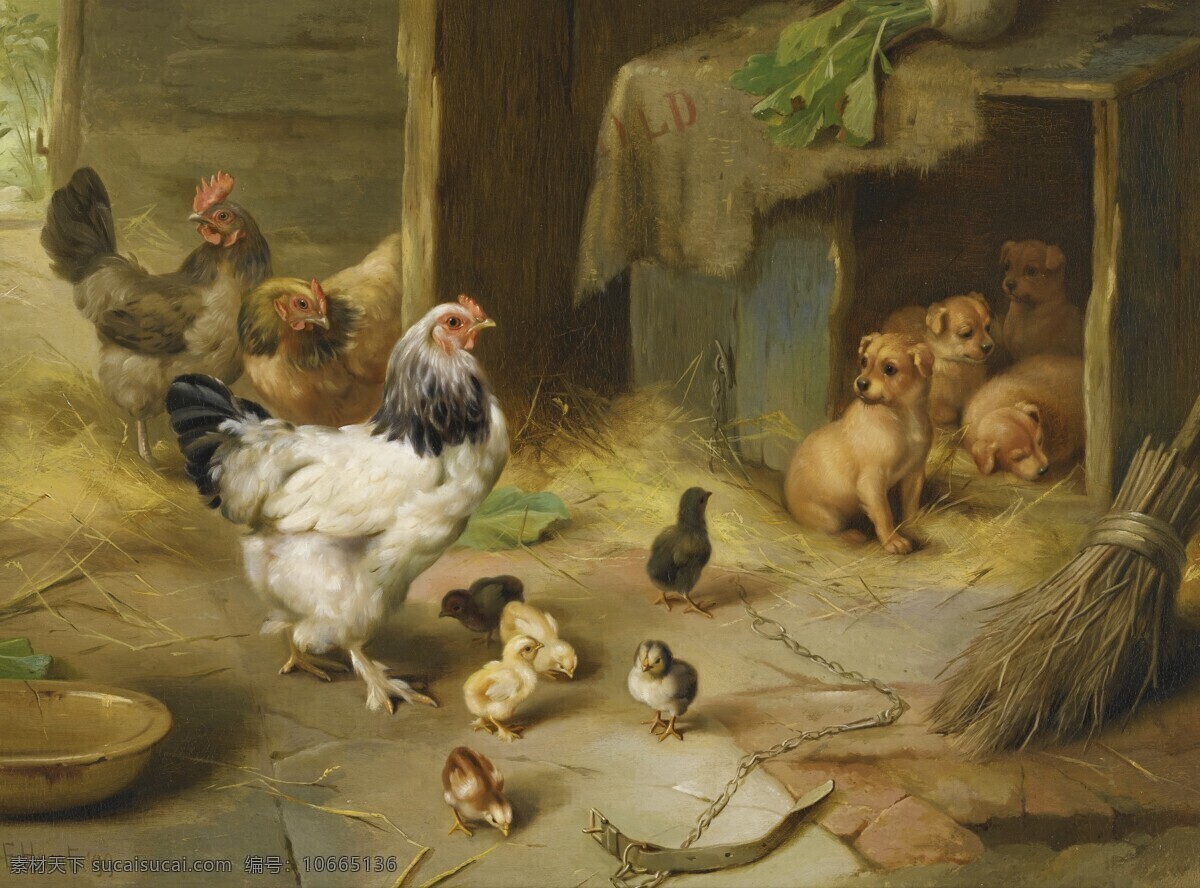 绘画书法 母鸡 文化艺术 小鸡 油画 小狗 设计素材 模板下载 小鸡和小狗 狗宝宝 鸡窝 19世纪油画 家居装饰素材