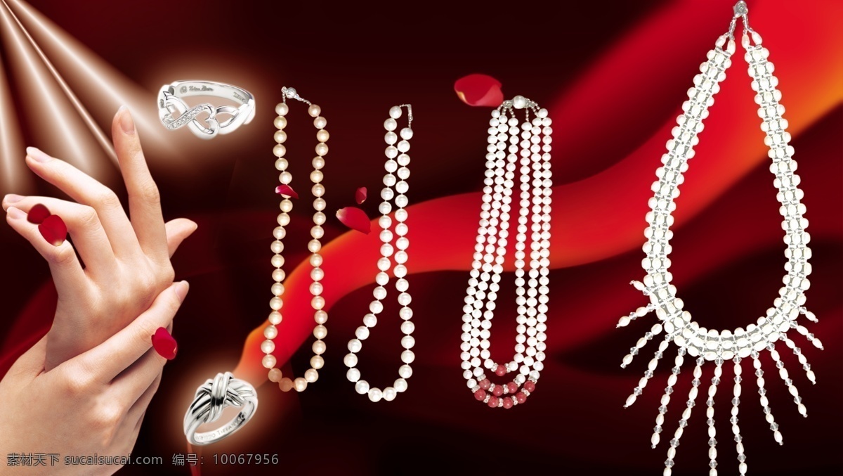 珍珠项链 珠宝 戒指 珍珠 项链 双面 红飘带 广告设计模板 源文件库