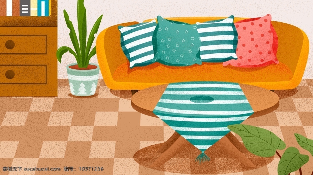 国际 残疾 人日 家居 插画 背景 公益 爱心 手绘背景 沙发 植物 通用背景 靠枕