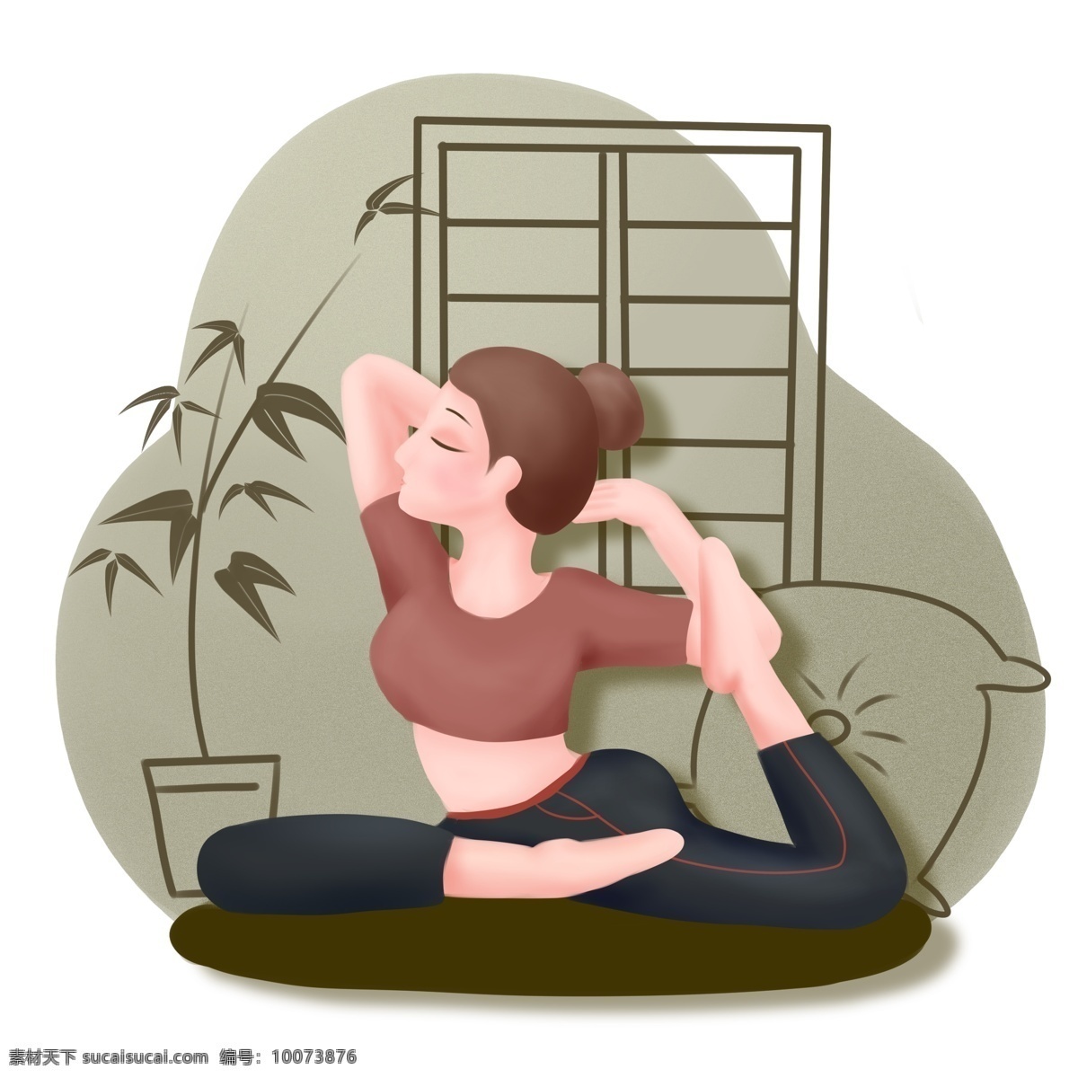 手绘 全民 运动 瑜伽 虚实 象生 商用 插画 元素 人物 健身 健康 有氧运动 生活 日常 女生 女神 清雅 竹子 窗户 抱枕 养生 配图 趋势元素