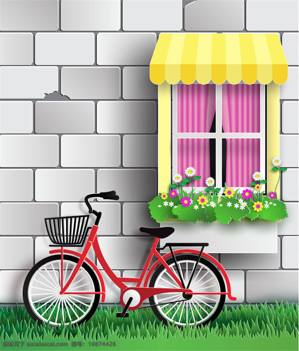 鲜花 窗户 自行车 美丽 飘香 彩色