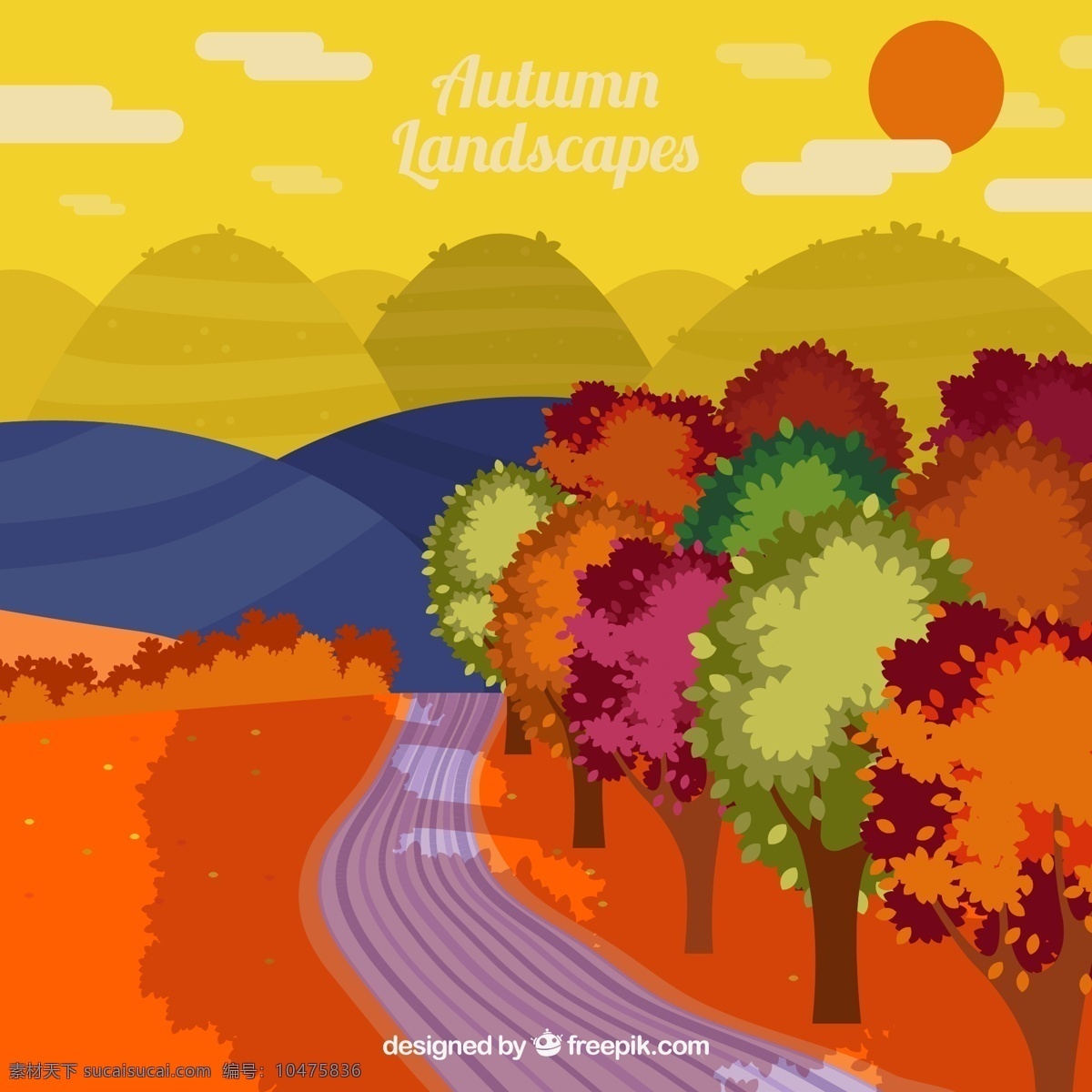 秋季 山间 道路 风景 矢量 秋天 太阳 大树 小路 彩色