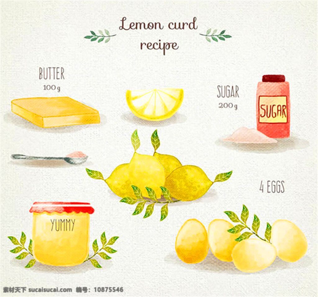 柠檬 酱 食谱 矢量 黄油 鸡蛋 柠檬酱 食物 水彩画 勺子 矢量图 ai格式