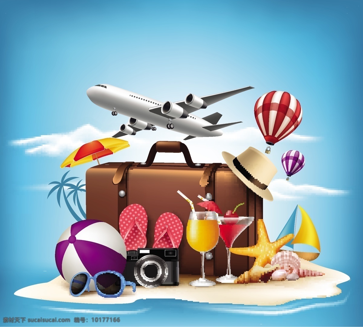 夏天 旅行 时尚 插画 旅行箱 飞机 眼镜 大海 沙滩