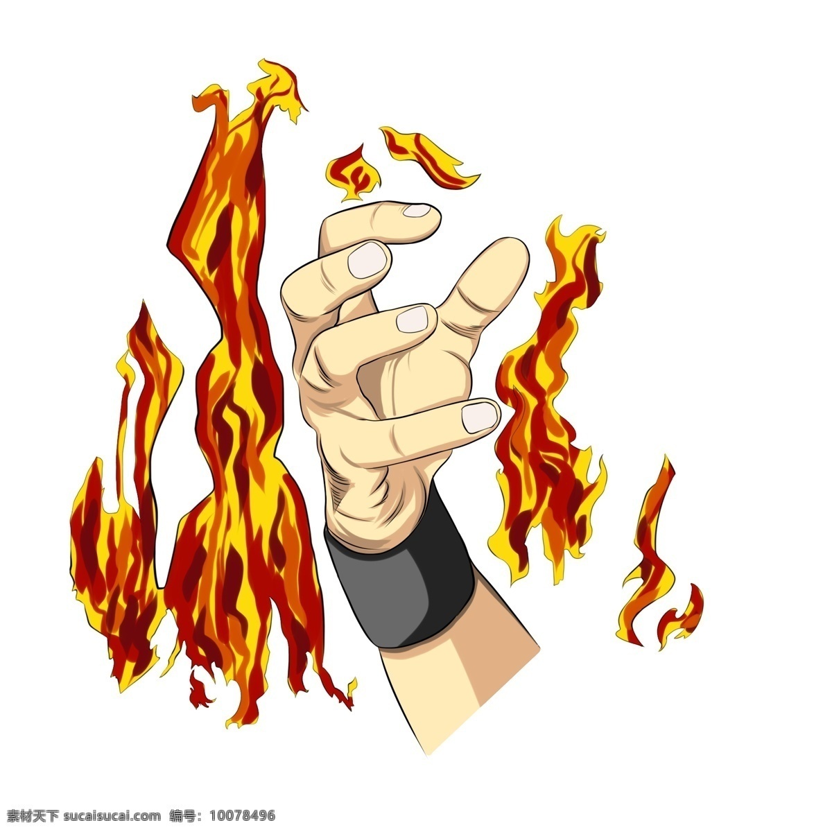 火焰 大 手势 插画 展开的手指 红色的火焰 卡通插画 手势插画 火焰插画 伸展的手势 黑色的腕脖