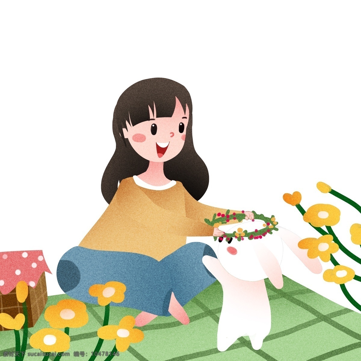 猫咪 带 花环 女孩 春游踏青插画 白色的猫咪 黄色的小花 绿色的垫子 漂亮的小女孩 红色的花环