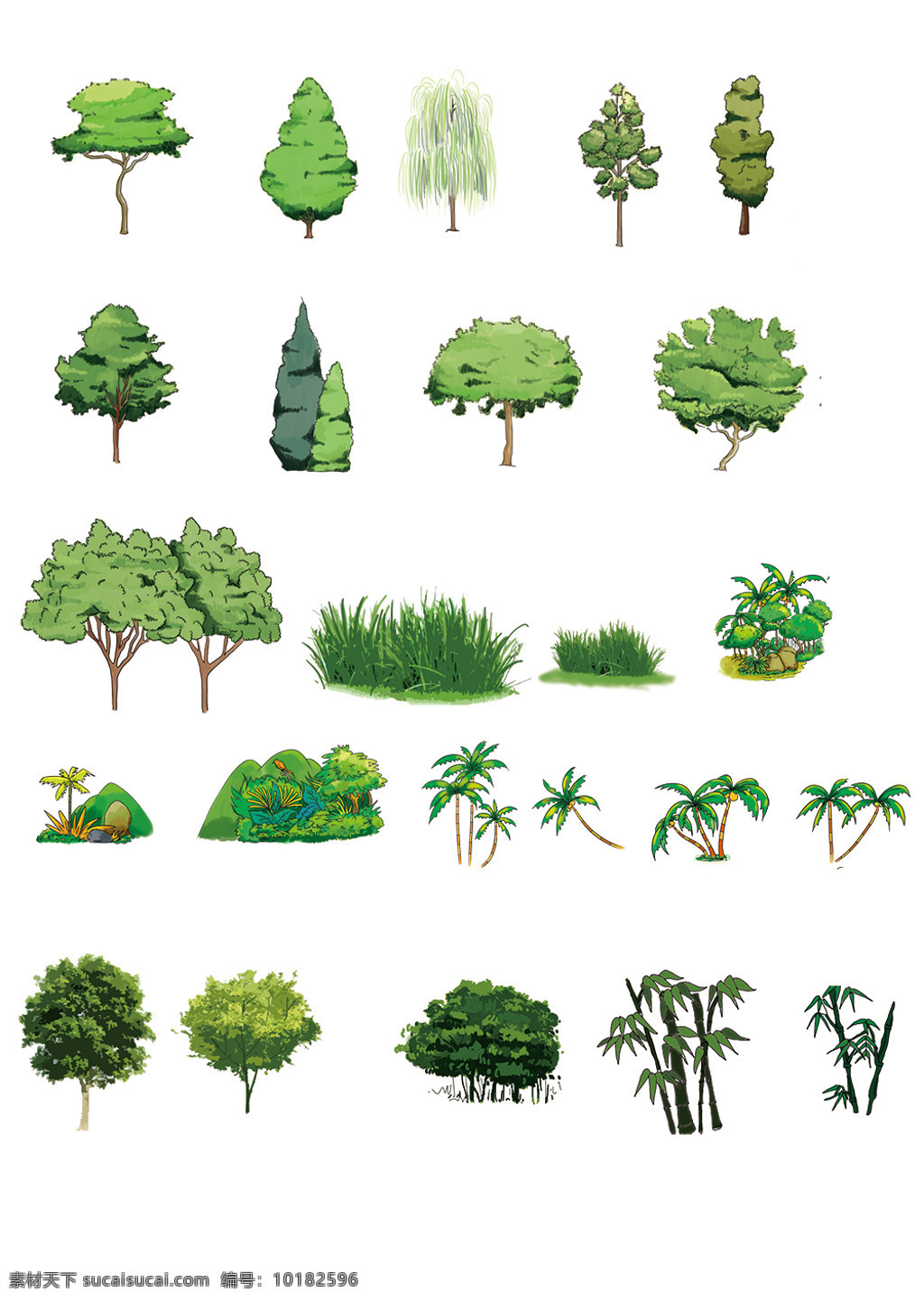 卡通树木 卡通版树木 各种树木素材 绿色树木 白色