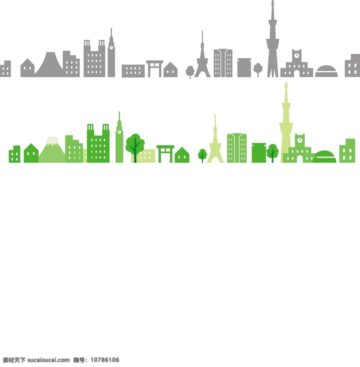 城市 建筑 扁平化 灰色 剪影 绿色 山 树 塔 图标 植物 钟 展板顶底 插图装饰